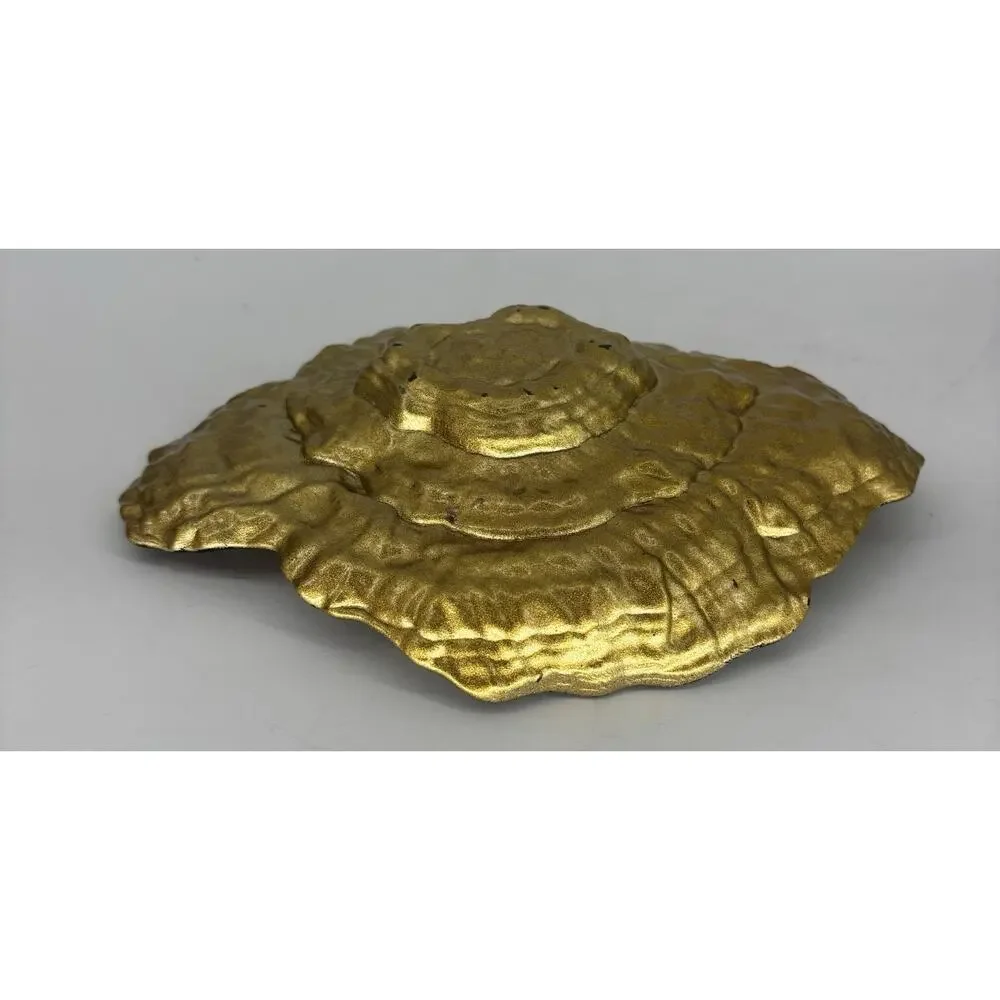 Iridescent Art Glass Oyster Shell Bowl Gold Base Trinket Dish 9.5” Candy Vintage